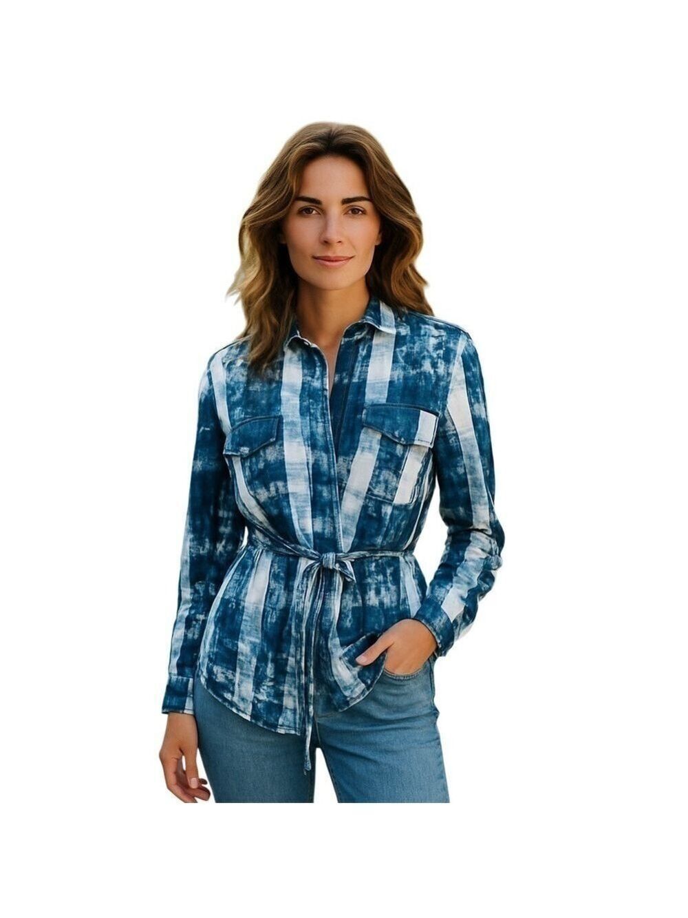 Le Chateau Denim Blue White TieDye Long Sleeve Shirt Tie Waist Boho Chic Size S
